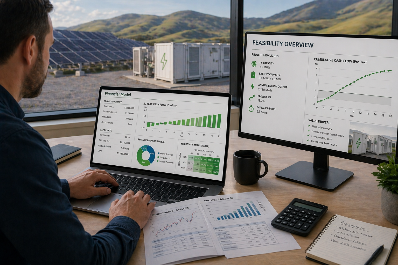 Feasibility and financial modelling for solar and BESS